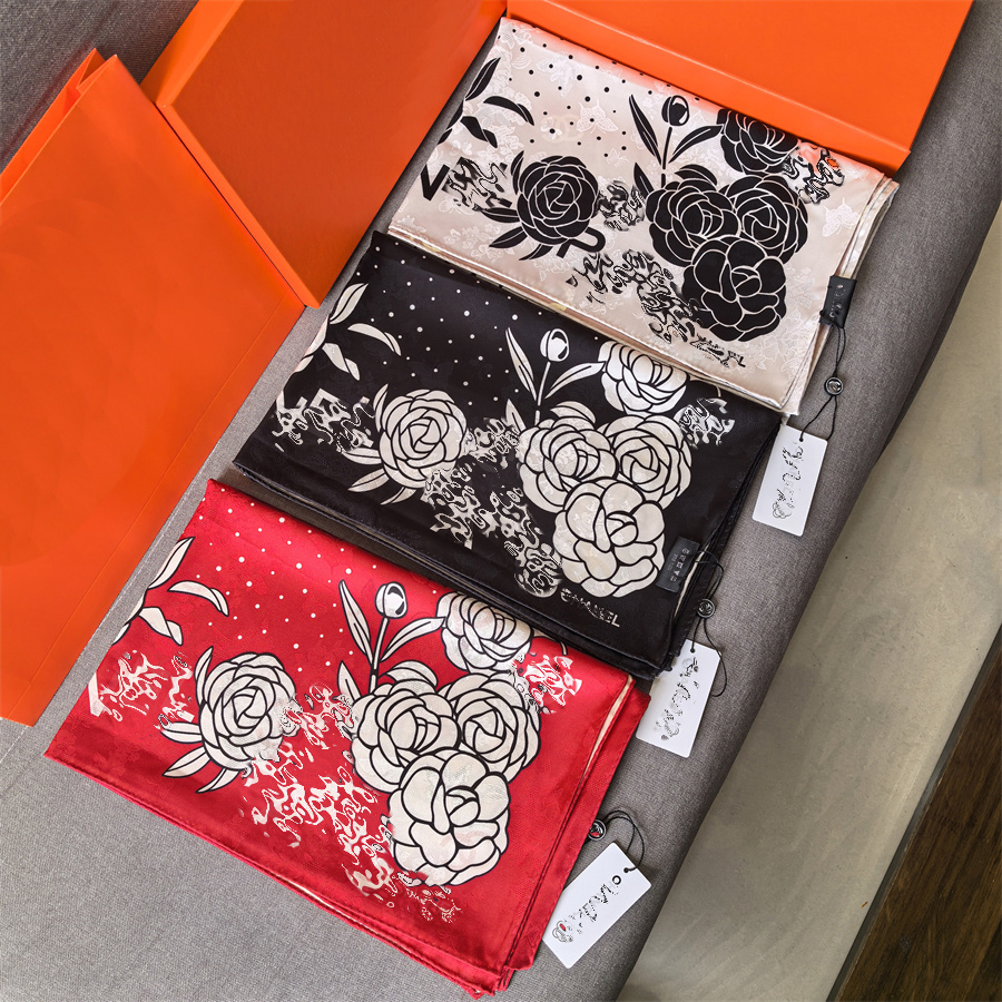 Designer Black White Camellia Print Luxury Satin Silk Scarf Elegant Women Neck Accessory for Party Date Daily Wear Gift
