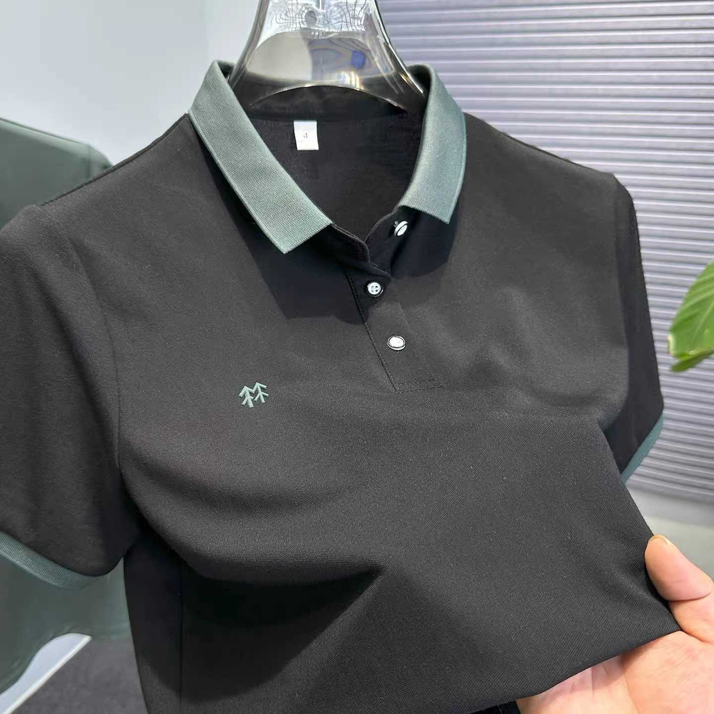 short High end silk cotton sleeve shirt mens summer trend brand embossed design Korean casual breathable T-shirt M260612