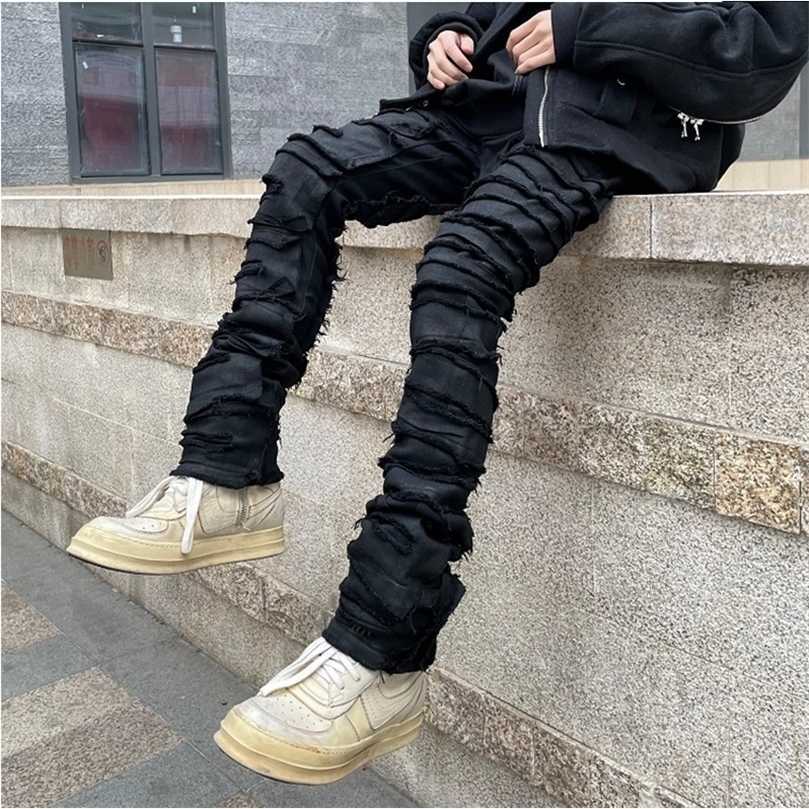 Jeans da uomo per l'industria pesante, foro sfilacciato, pantaloni a matita dritti retrò cerati, pantaloni oversize in denim 230321 S260612