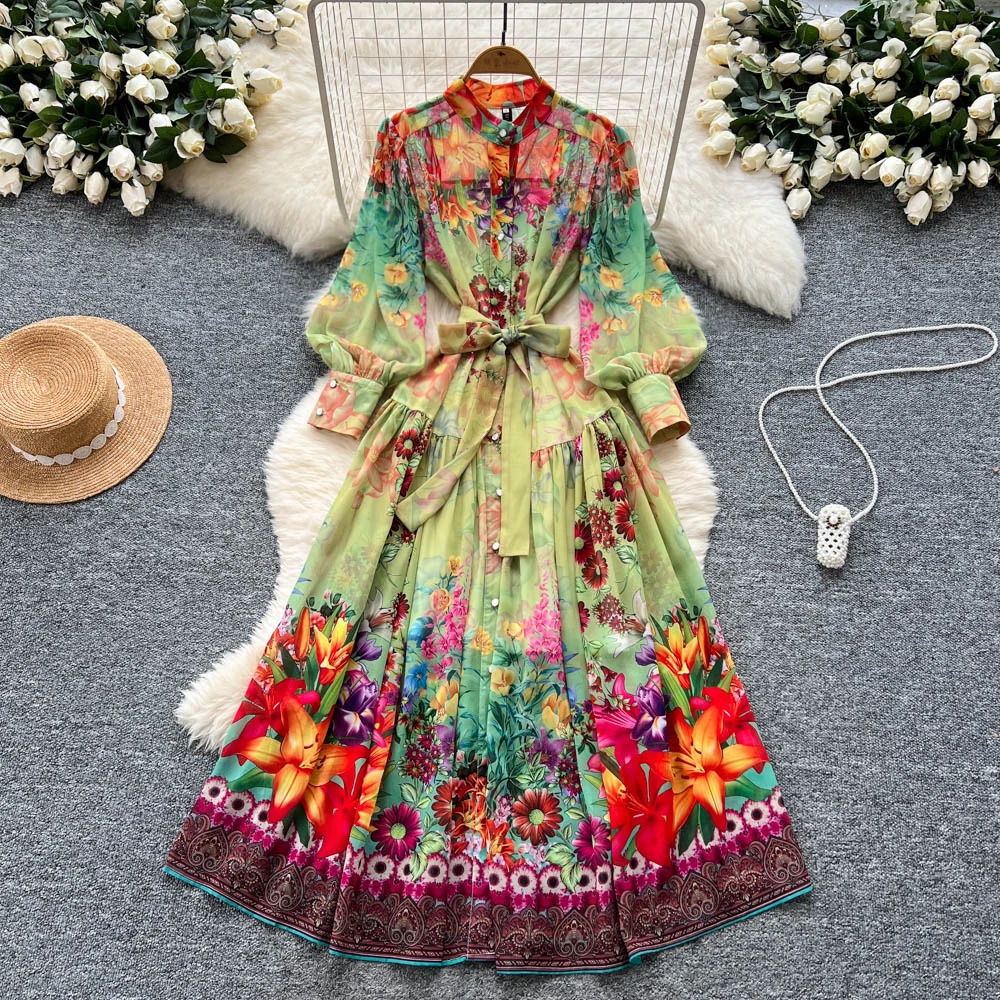 Summer Print Large Swing Dress Female Lantern Sleeve Stand Collar Single Breasted Lace Up n Women Vintage Long Dresses 260611
