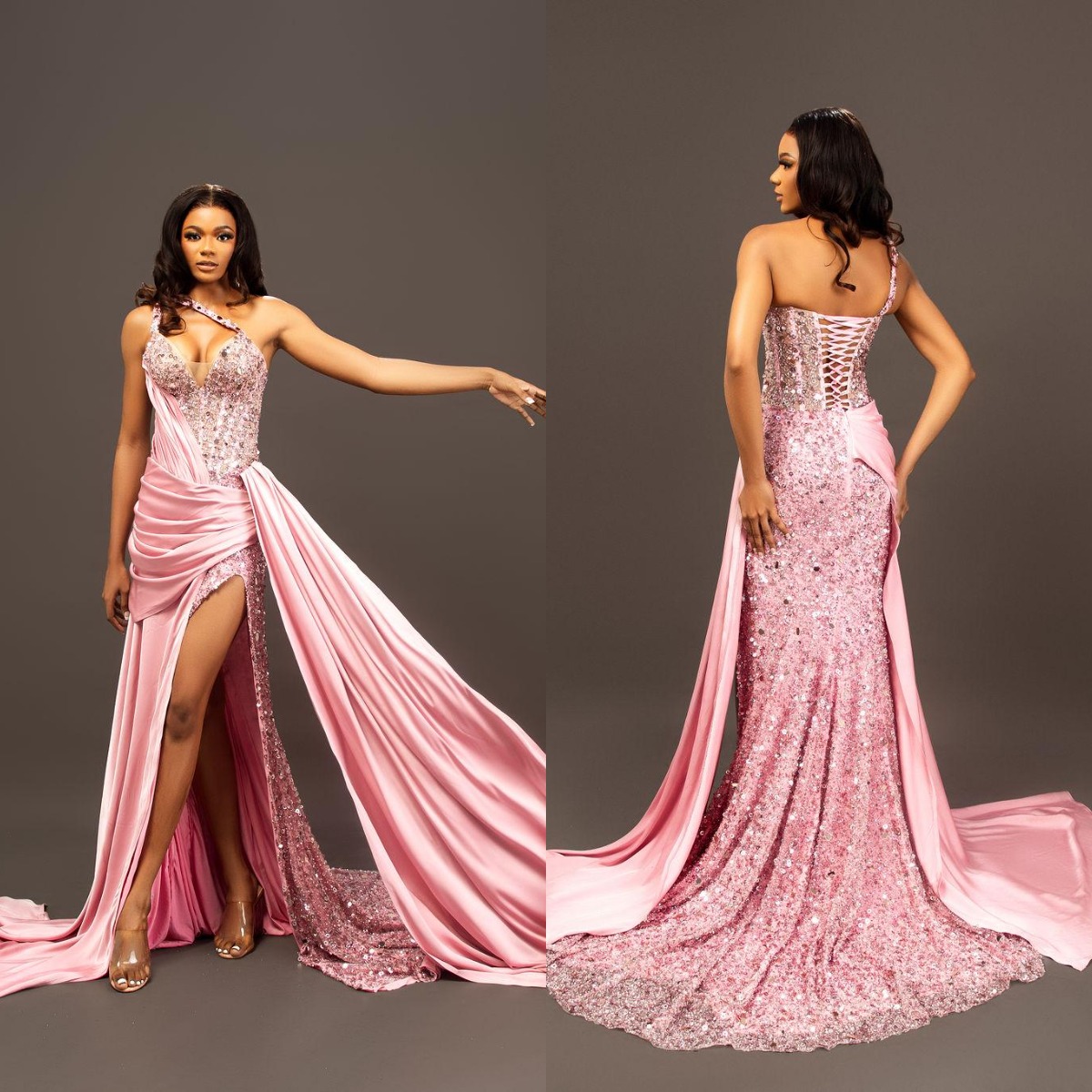 Modern Sequins Evening Dresses One Shoulder Mermaid Prom Dress with Side Train High Split Customized Party Gown Vestidos De Noche Plus Size
