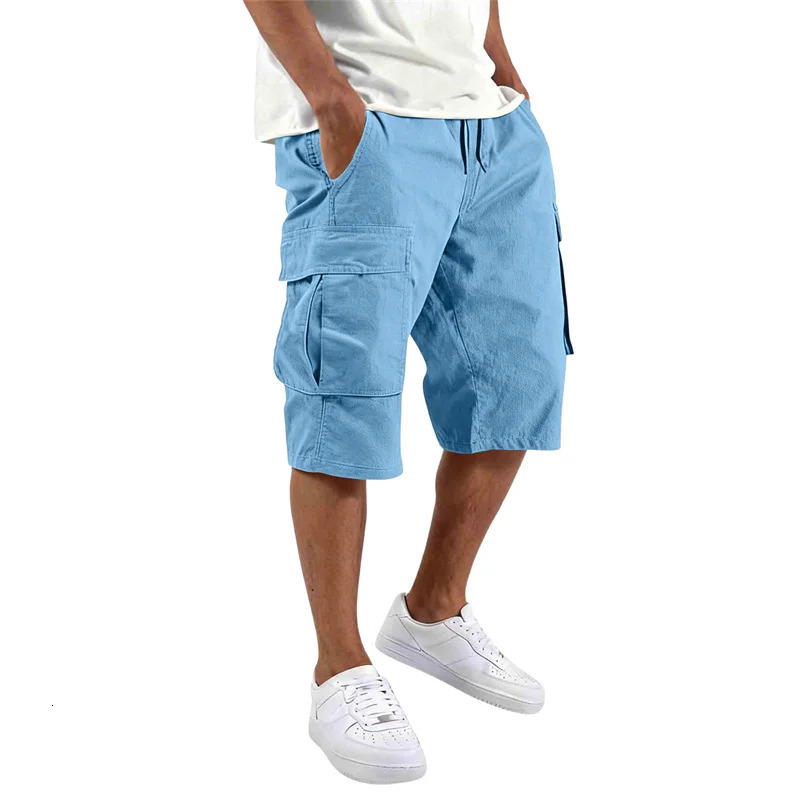 2026 Summer men loose straight pants Casual multi-pocket Shorts pure color fashion Men Shorts drawstring daily cargo short pants 260612