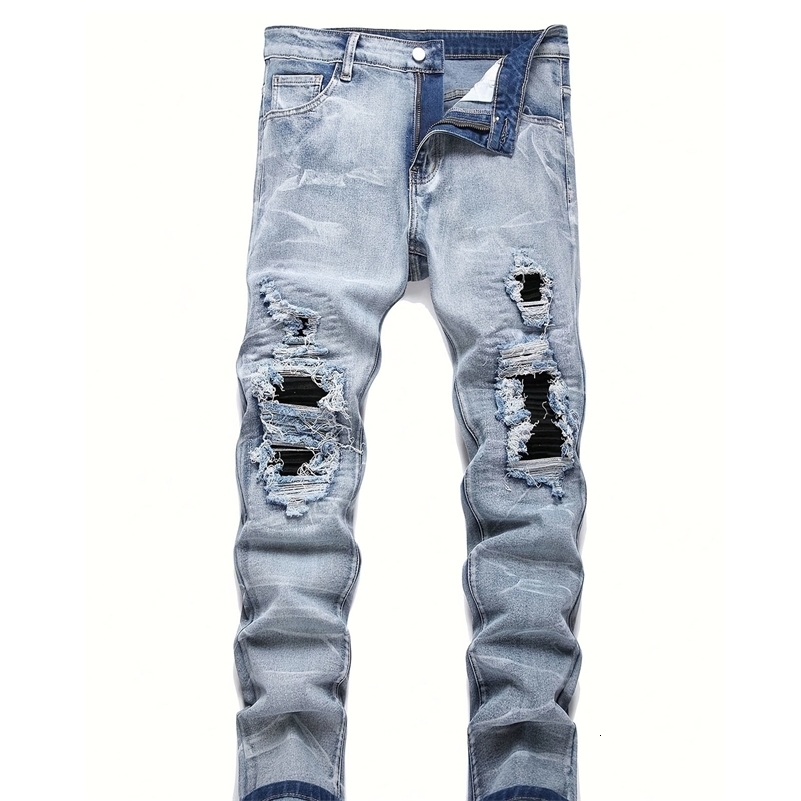 Mens Stretchy Denim Jeans Streetwear Tearing Ripped Denim Elastic Waist Casual Pants Slim fit Straight Trousers 260611