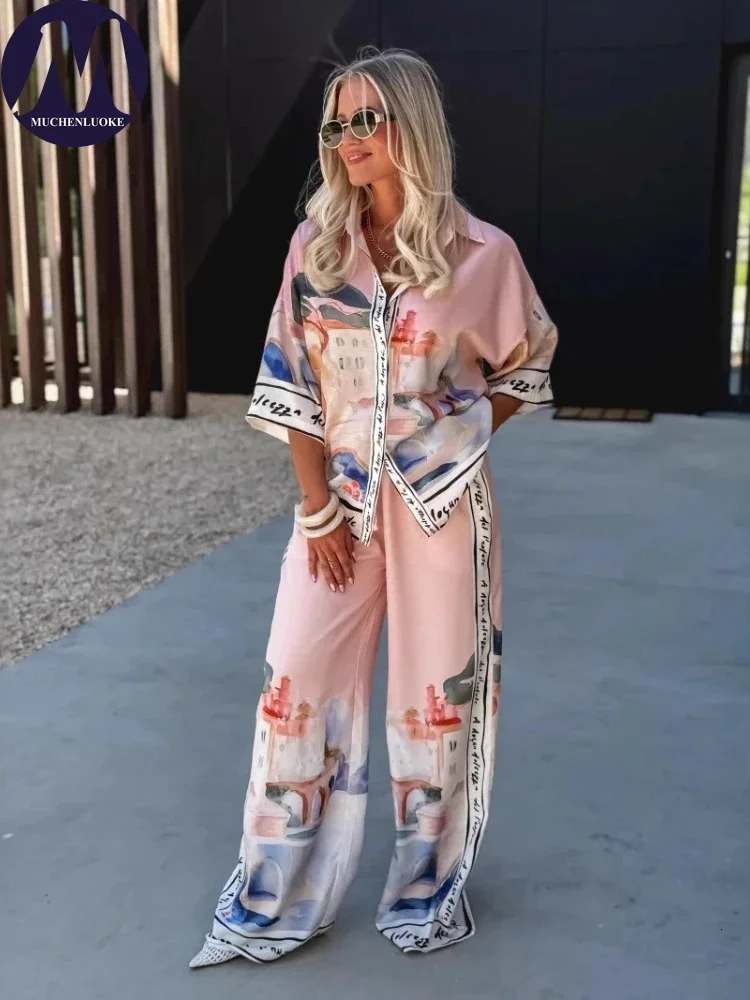 Set da 2 pezzi per donna Estate elegante stampata mezze maniche camicia Top abiti moda casual pantaloni larghi a gamba larga 260611