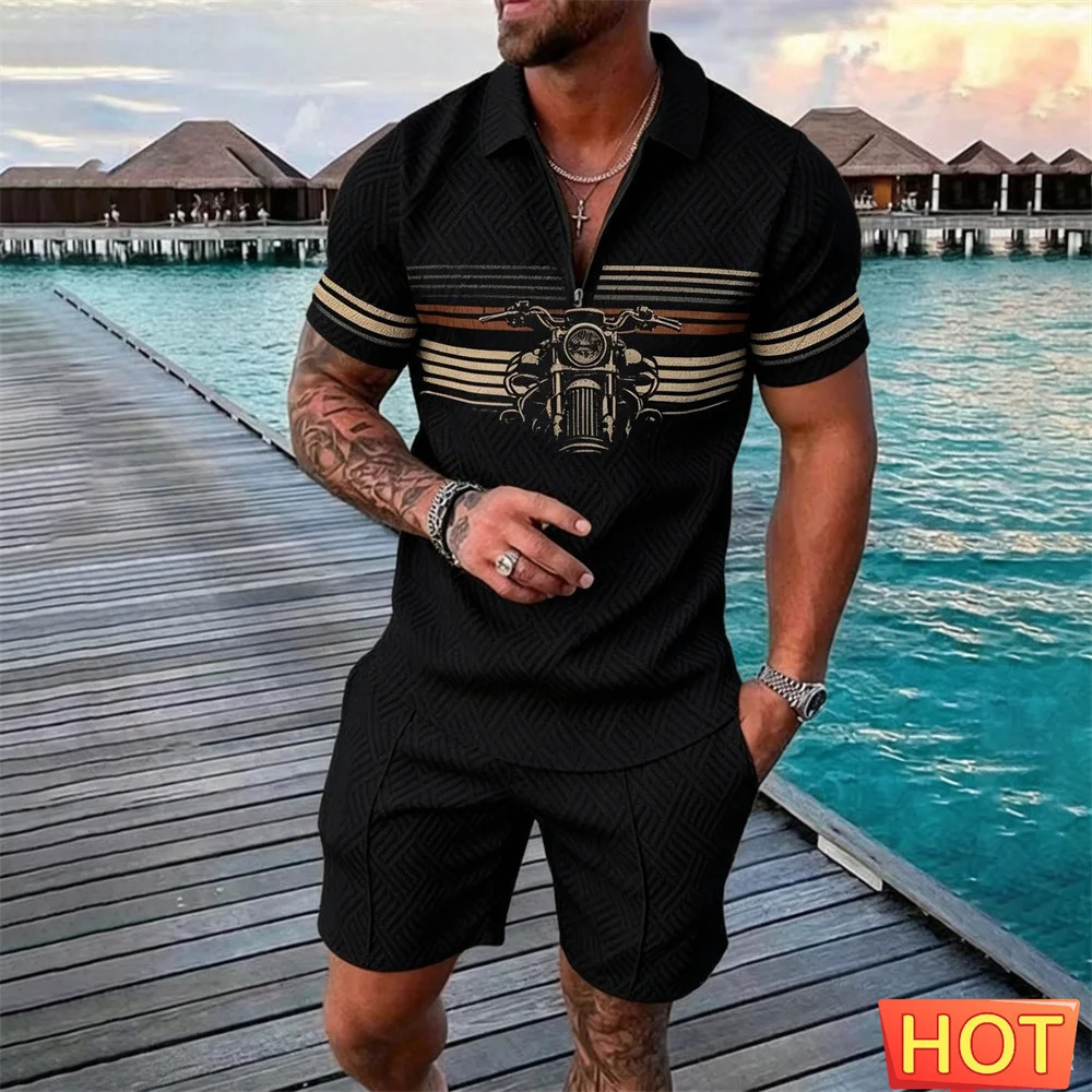 3D Motorcycle men outfit Summer mens twopiece set Mens Zipper Polo Set Breathable casual polo matching 2 piece