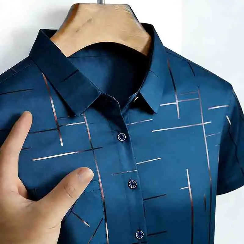 Short 2026 Mens Sleeve Summer Shirt Geometric Line Print Business Casual Button-Up with Chest Pocket M260612