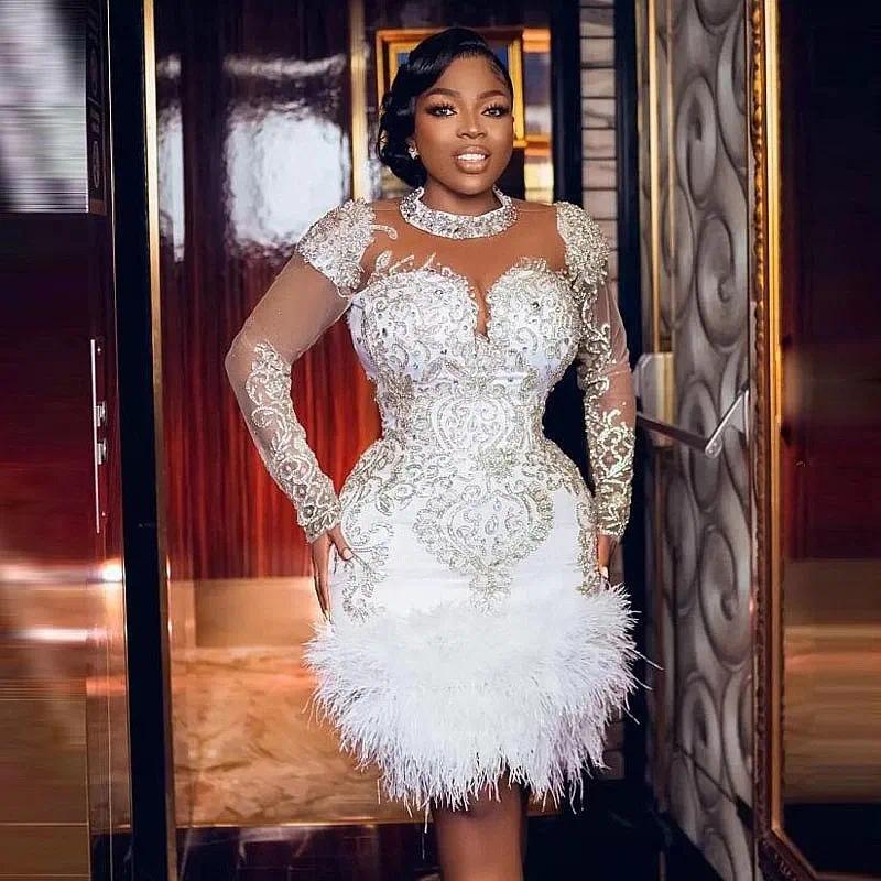 Luxury Short Prom Dress Beading Crystals Feathers Bottom Long Sleeves Pageant Evening Gown Custom Made