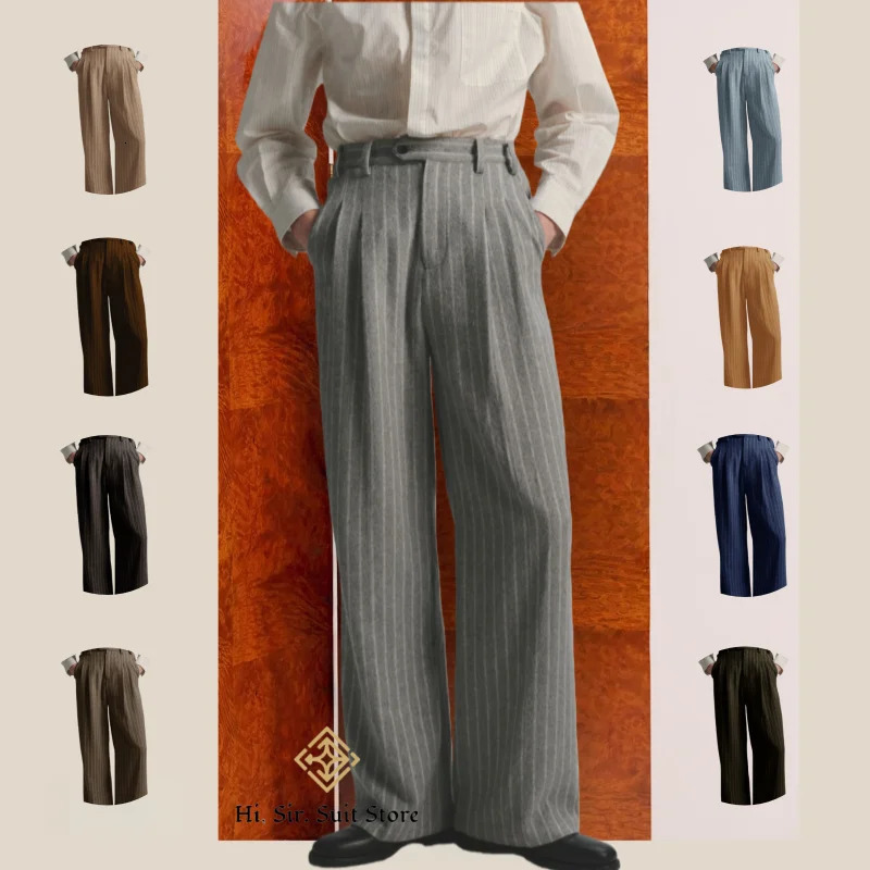 Mens HighStreet Vintage Striped Pants Drapey Silhouette Melange Old Money Style Elegant Casual Trousers for Gentlemen Fashion 260611