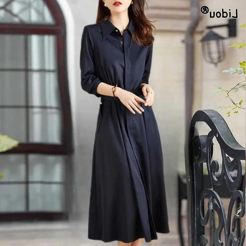 Dresses Casual Spring Summer Autumn Thin Womens Clothing Turn-down Collar Solid Elegant Pockets Button Temperament Intellectual S260612