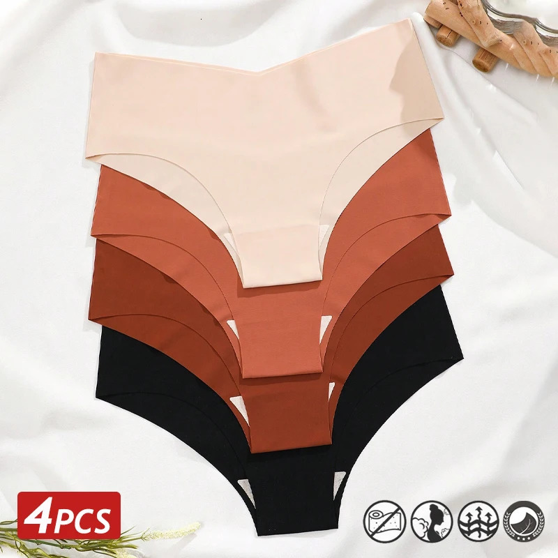 4PC Women Seamless Briefs Sexy V-Waist Underwear 10 Solid Colors Ice Silk No Trace Panties Female Breathable Intimates Lingerie 260611