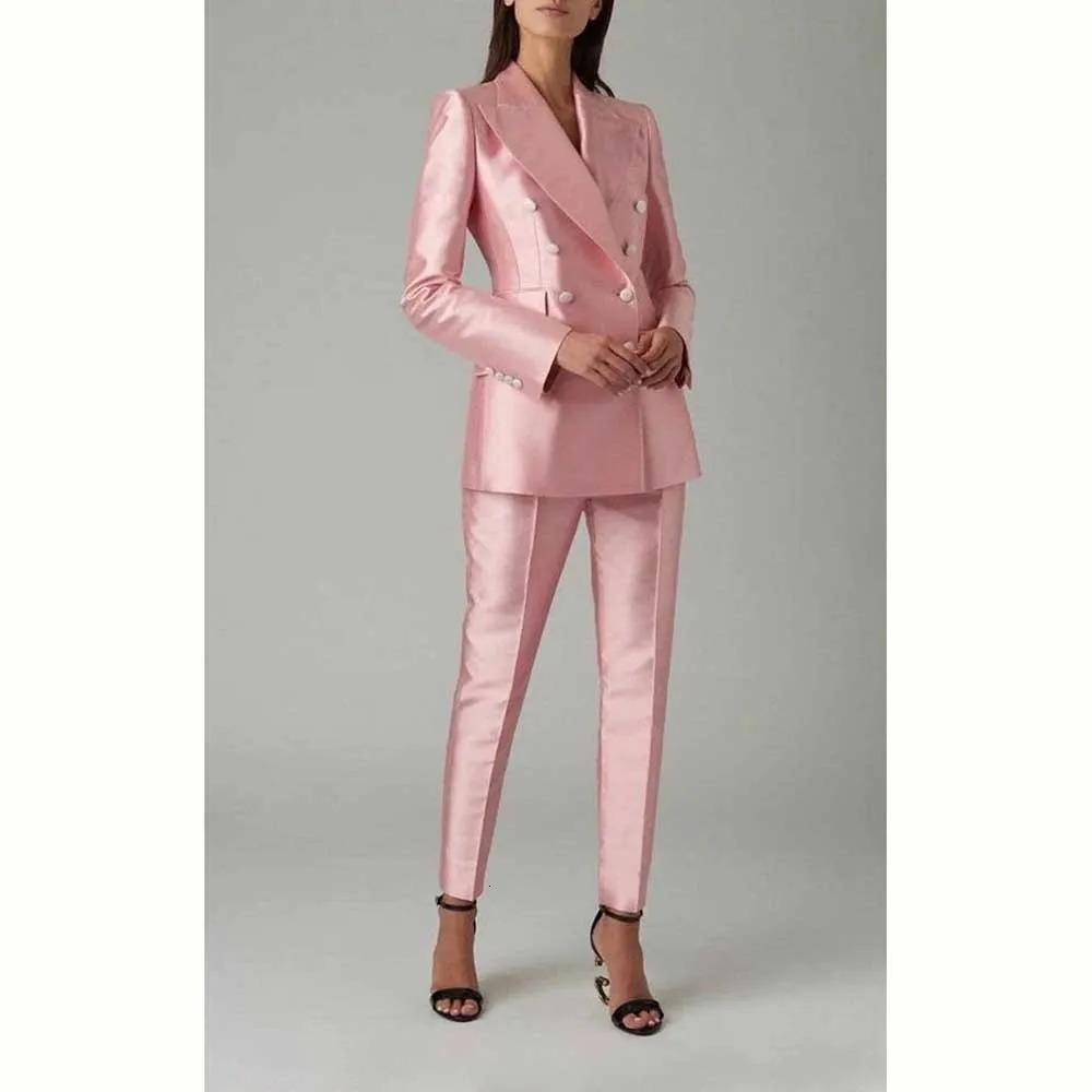 Shiny Pink Suit for Women Double Breasted 2 Piece Jacket Pants Female Clothing Slim Fit Elegant Office Lady Blazer Set 260610