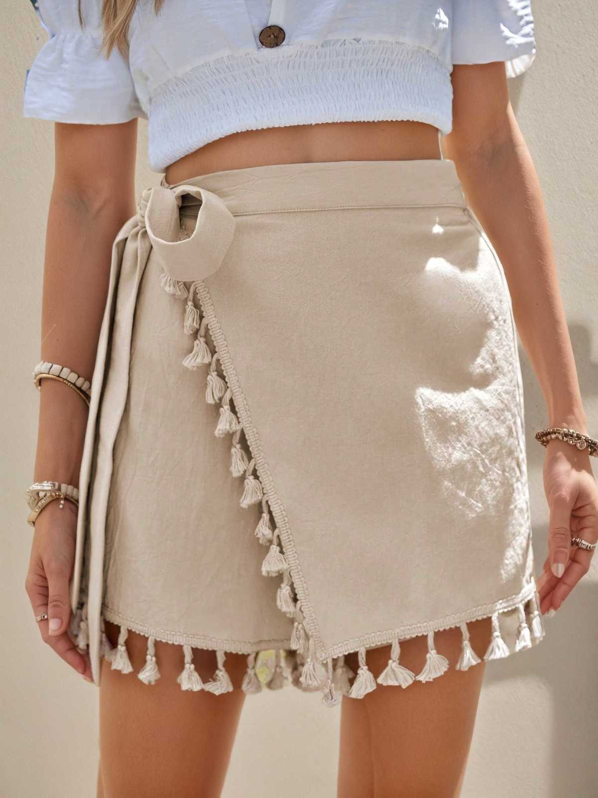 Skort Womens Tassel Trim Wrap High Waist Tie-Wrap Skirt Shorts Bohemian Casual Summer Outfit M260612