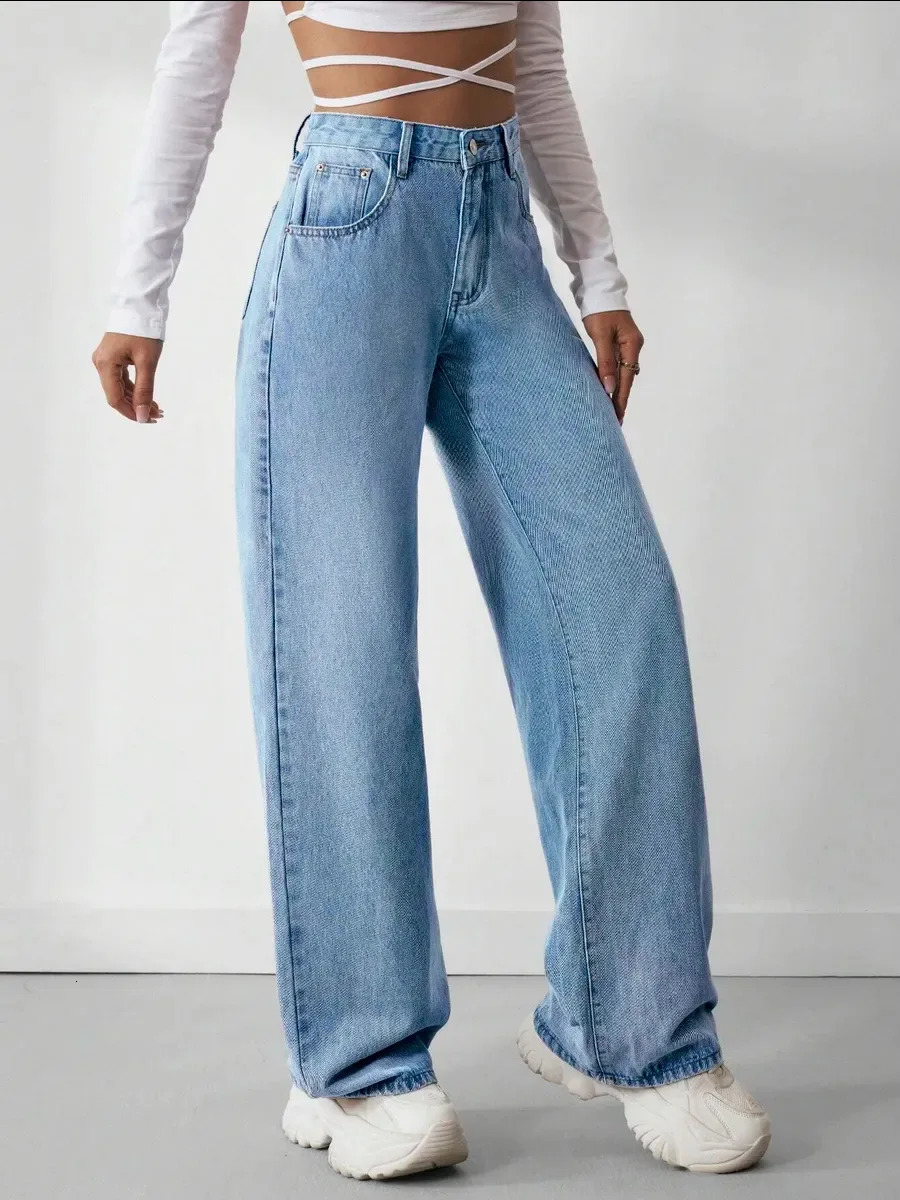 2026 Spring Autumn Women Plus Size High Waist Denim Jeans Wide Leg Straight Flared Casual Pants for Curvy Ladies 260612