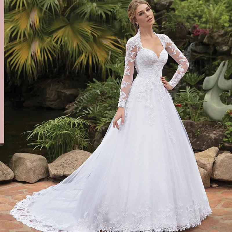 aline wedding dress bridal gown long sleeve illusion back buttons court train 2026 bride dresses appliqued lace custom made