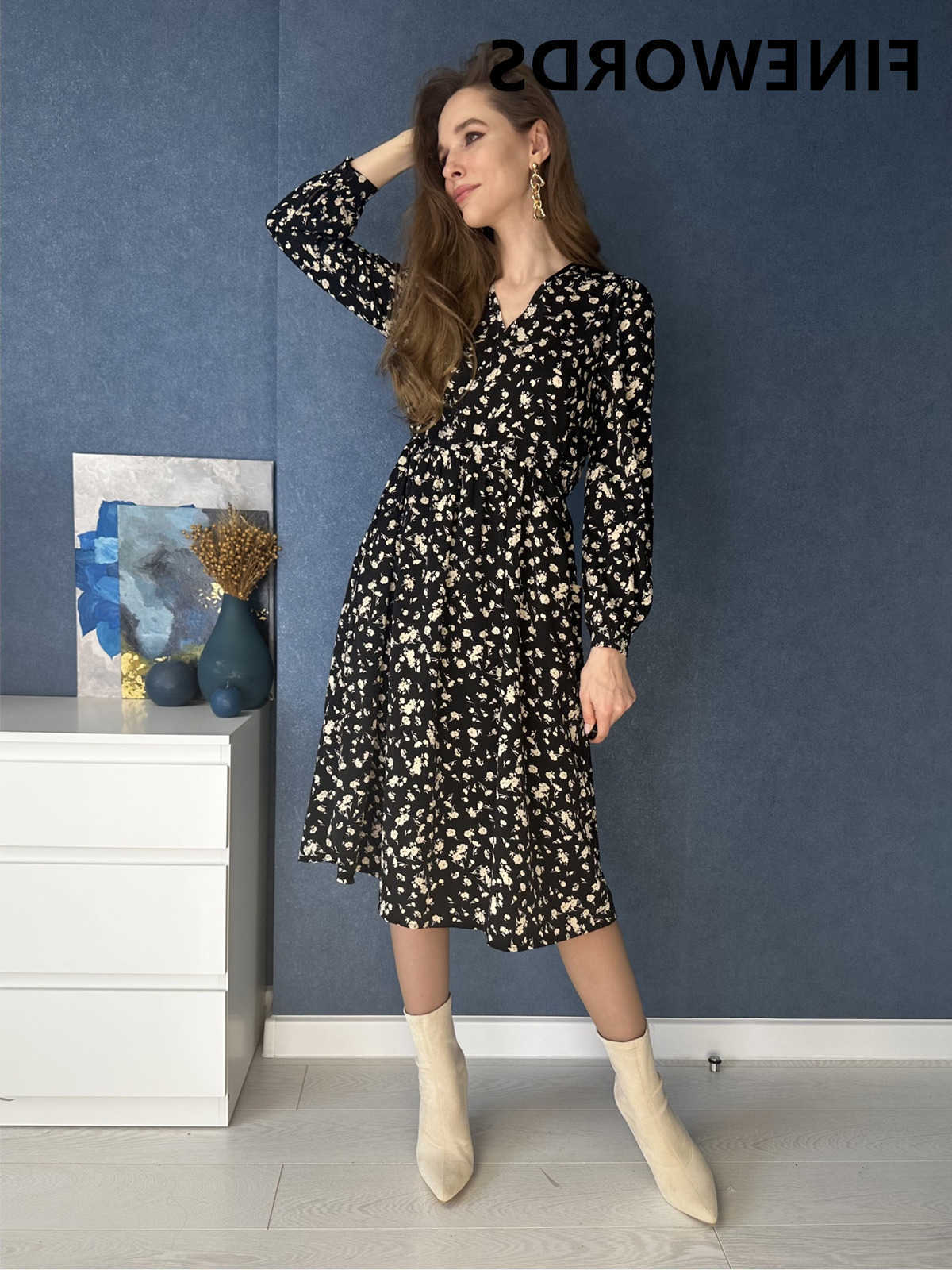 Dresses Casual FIORDS Spring Black Floral Dress Women Elegant Long Slve Boho Printed Midi Dress Casual V Neck Dress S260612