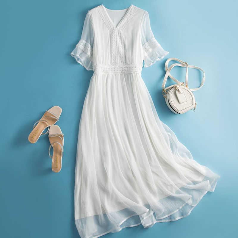Dresses Casual Elegant Lace Voile Splicing Solid White Chiffon Dress Womens Clothing Office Lady Half Slve V-Neck Midi Dresses S260612