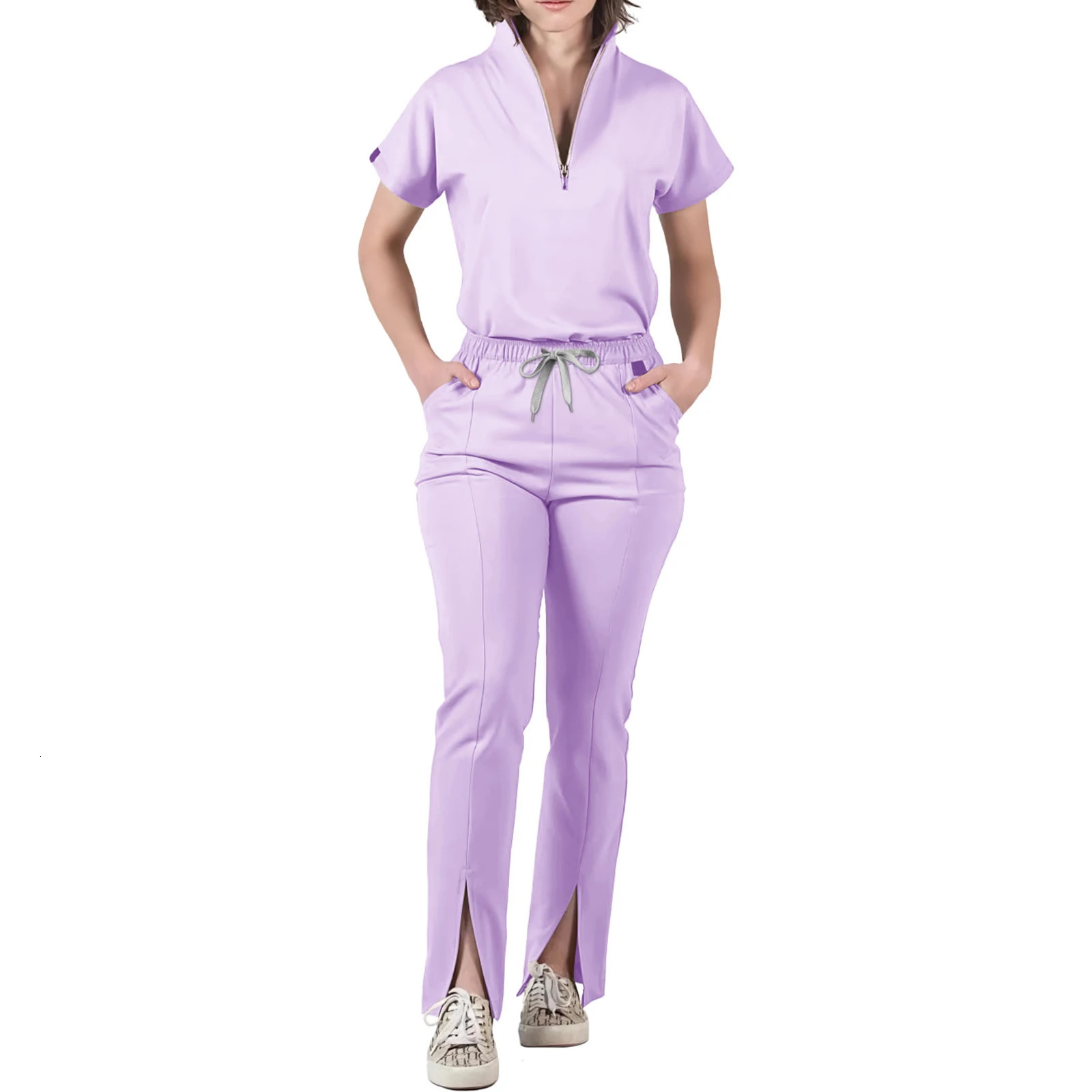 Womens Nurse Scrub Set VNeck Half Zipper Short Sleeve MultiColor Split Hem Pants MultiPocket Cozy Professional Workwear 260612