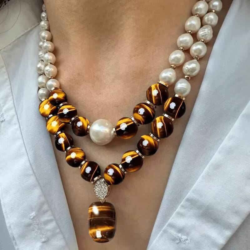 2-teiliges Set aus eleganten und stilvollen Edelstein-Süßwasserperlen-Anhänger-Halsketten| Das beste Geschenk zum Valentinstag: Tigeraugenstein