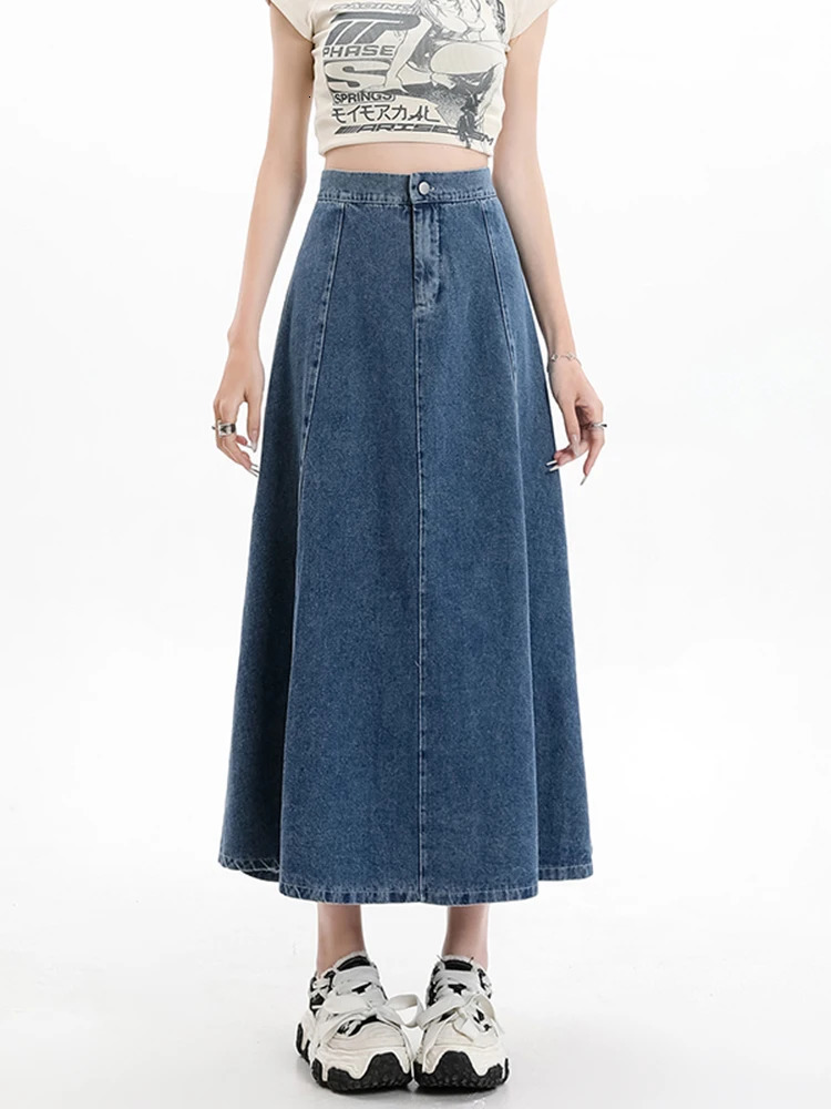 Long Denim Skirt Women 2024 Spring Summer Arrivals High Elastic Waist A Line Jeans Skirts Korean Fashion Casual Blue