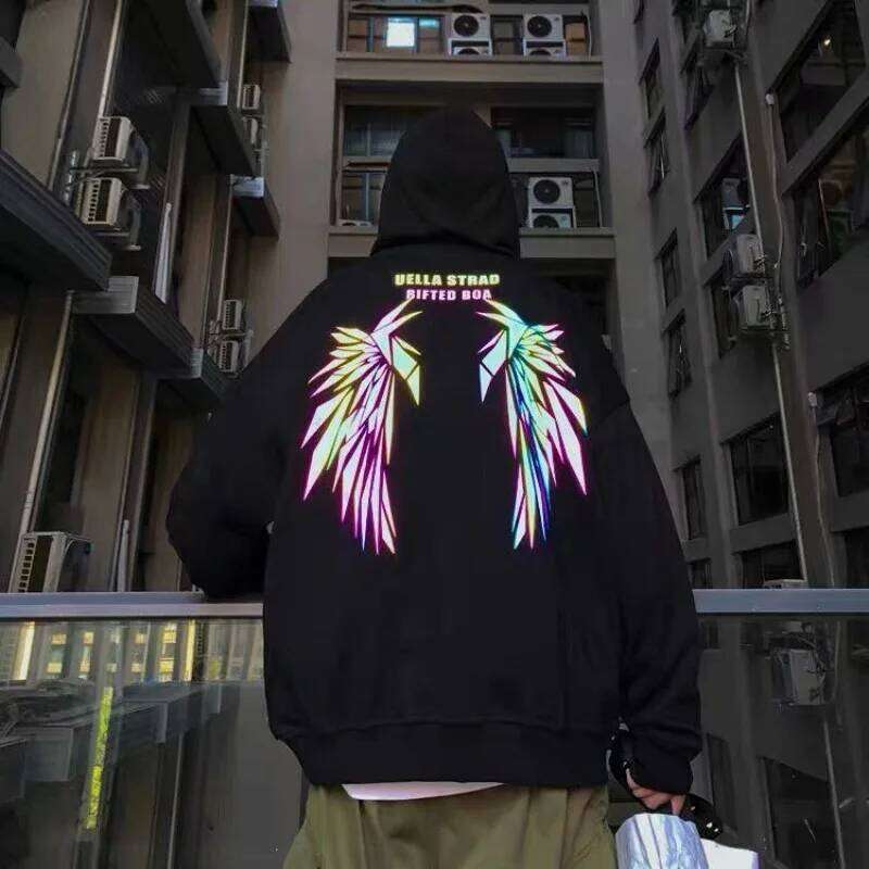 Reflective Male Hoodie Hip Hop Overfit New in No Brand Y2k Vintage Novelty and Simple 90s Tops Fleeced Men's Hooded Sweatshirt 26L0612