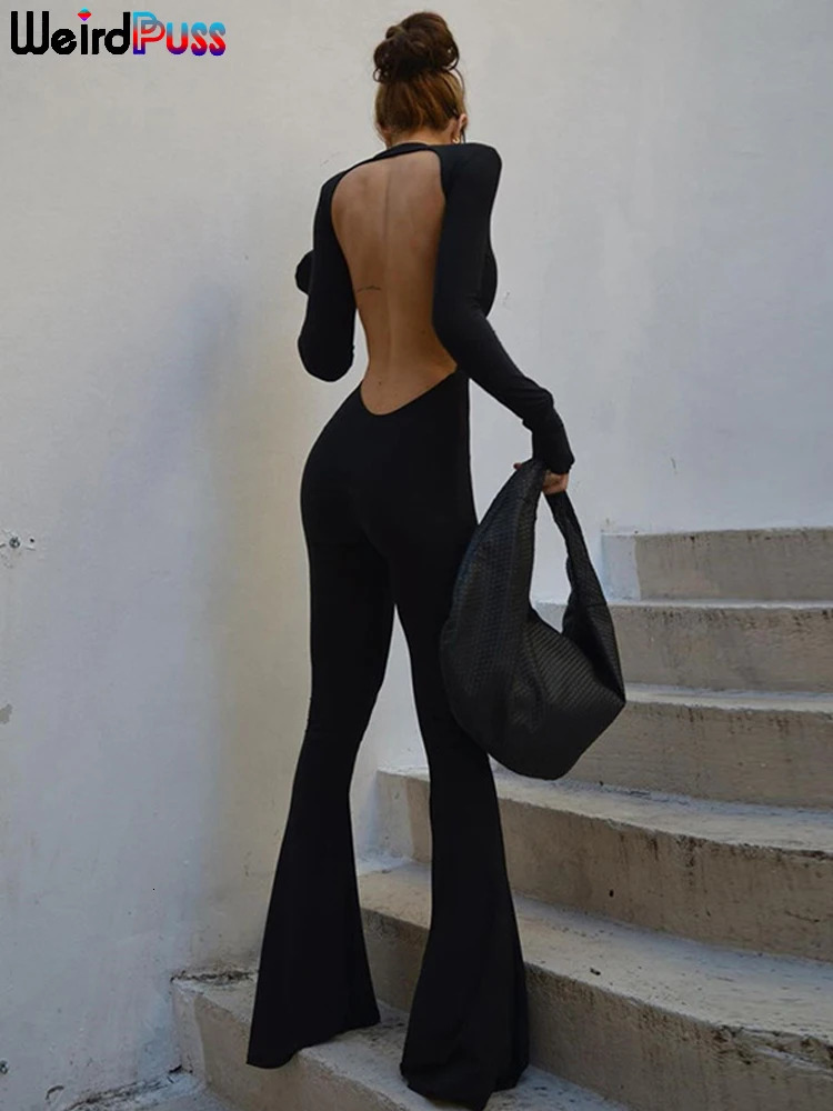 Weird Puss Backless Jumpsuit Women Elegant Long Sleeve Party Black Casual Skinny Activity 2023 Autumn Trend Streetwear Workout 260609