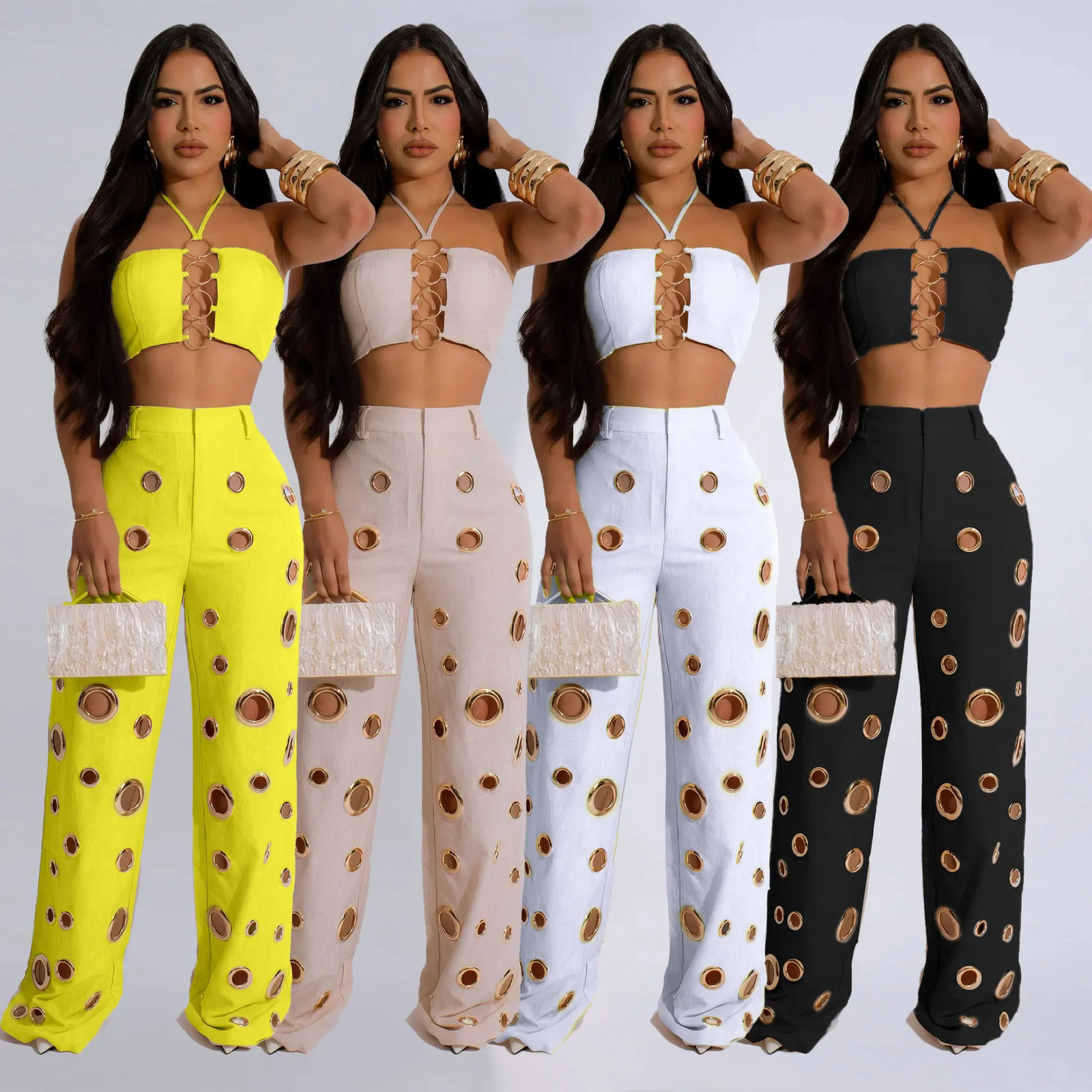 Womens Twopiece Solid Color Hanging Neck Hollow Top Sexy Perforated Slim Fit Pants Set 2026 Summer 260611