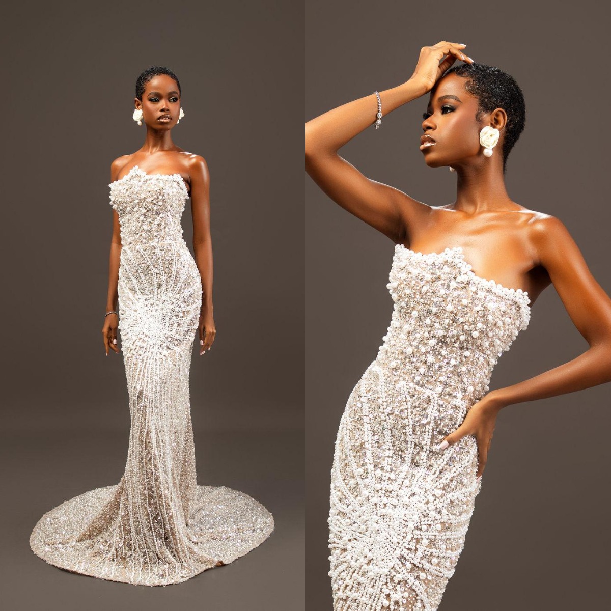 Exquisite Pearls Evening Dresses Strapless Beaded Mermaid Prom Dress Slim Fit Sleeveless Customized Party Gown Vestidos De Noche Plus Size