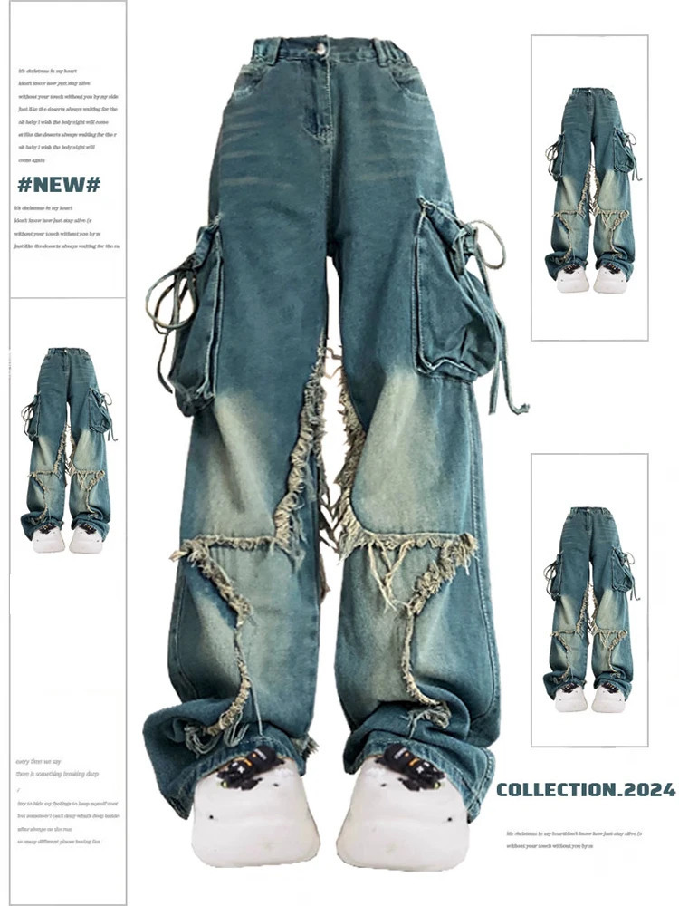 Women Blue Cargo Jeans Baggy Vintage 90s Aesthetic High Waist Cowboy Pants Harajuku Denim Trousers Y2k Trashy 2000s Clothes 260612