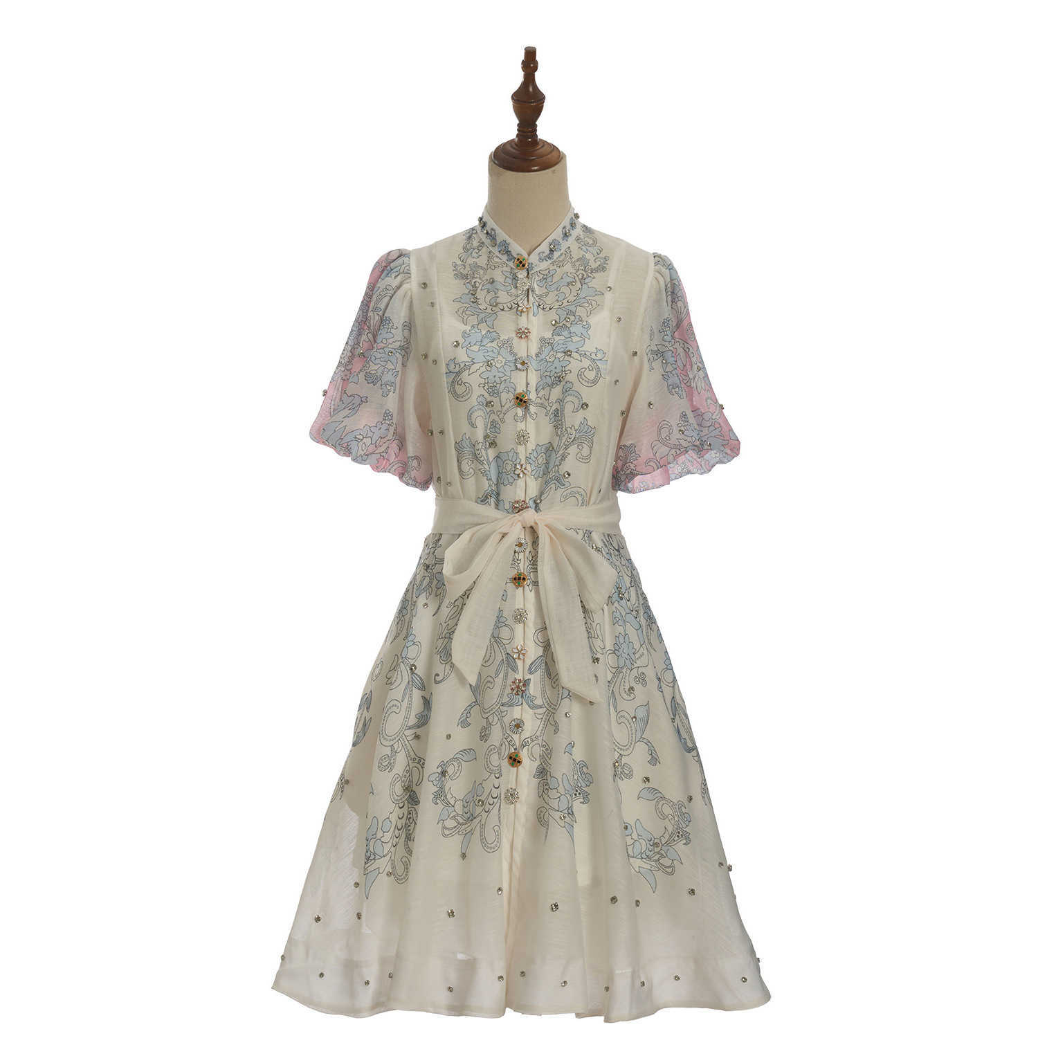2026 Desigenr Stand Collar Puff Slve Vacation Women Dress Milan Runway Floral Print Dresses Womens End Vestidos De Festa 839 S260612
