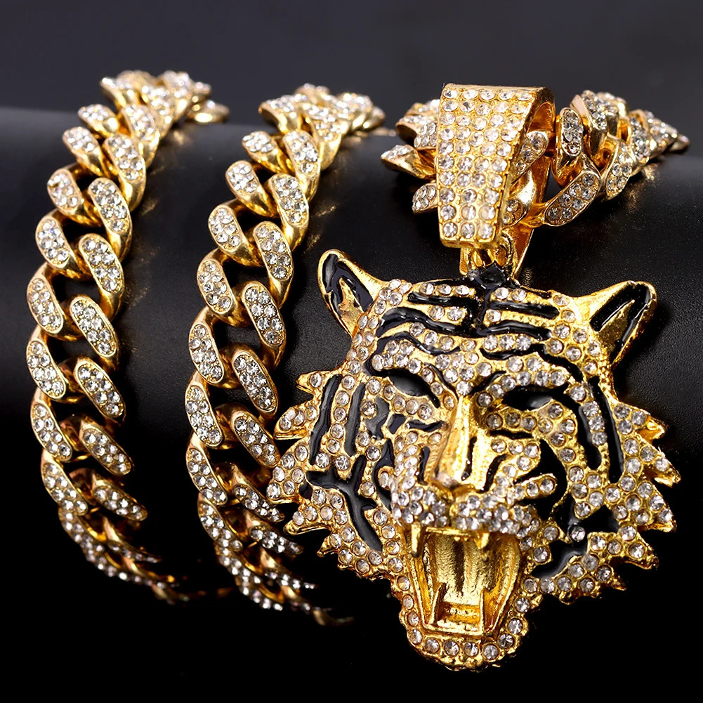 HipHop Tiger Pendant Necklace for Men Women Iced Out Cuban Link Chains Crystal Cuban CZ Stainless steel Necklaces Jewelry 260612