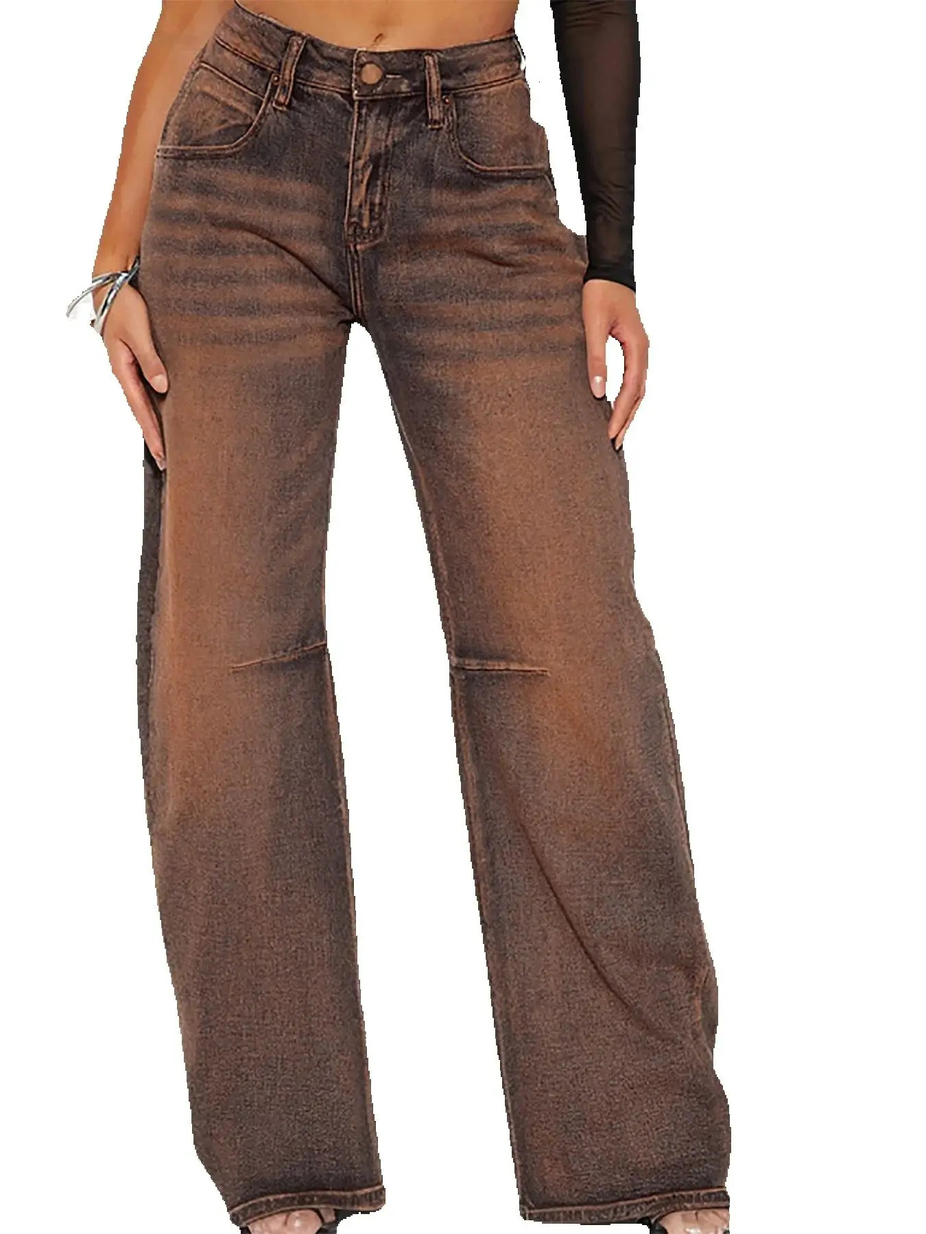 Jeans elasticizzati marroni da donna stile Y2K Pantaloni dritti in denim larghi Pantaloni da donna alla moda da strada 260611