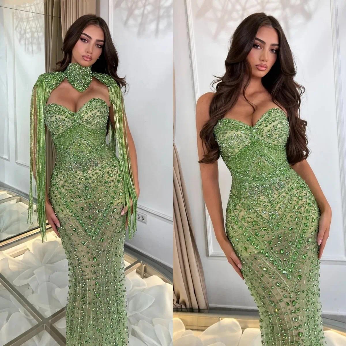 Luxury Evening Dress Strapless Crystal Prom Dresses Cape Beading Custom Made Mermaid Party Gowns