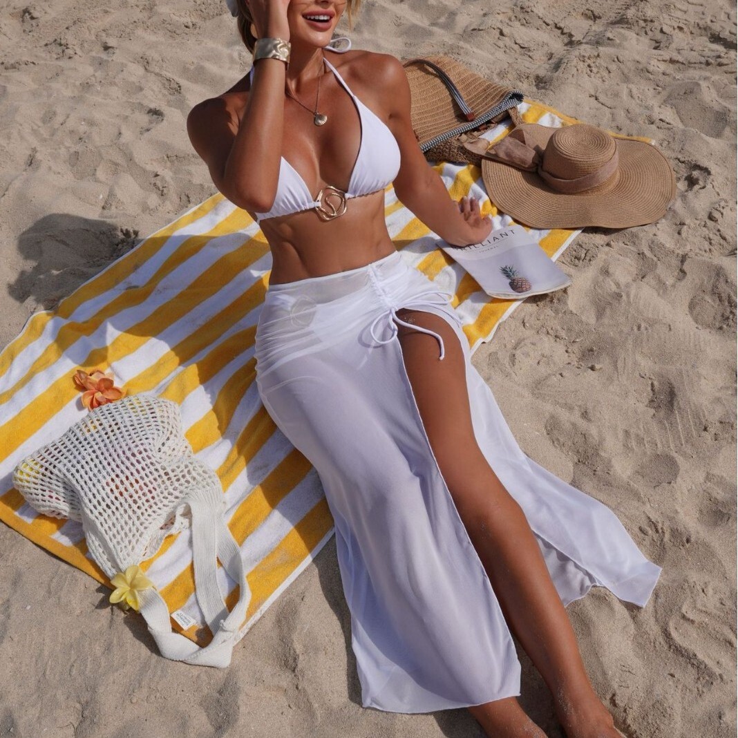 Free shipping 2026 solid color new beach sunscreen mesh skirt fashion sexy three-piece bikini swimsuit