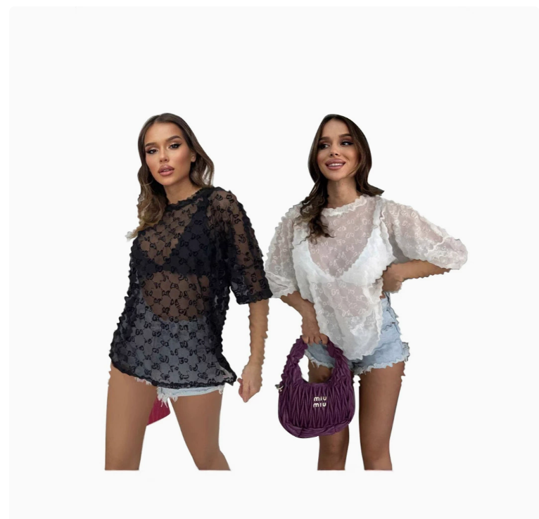 Luxury women's T-shirt summer new fashion letter sexy see through shoulder sleeves mesh women's designer T-shirt