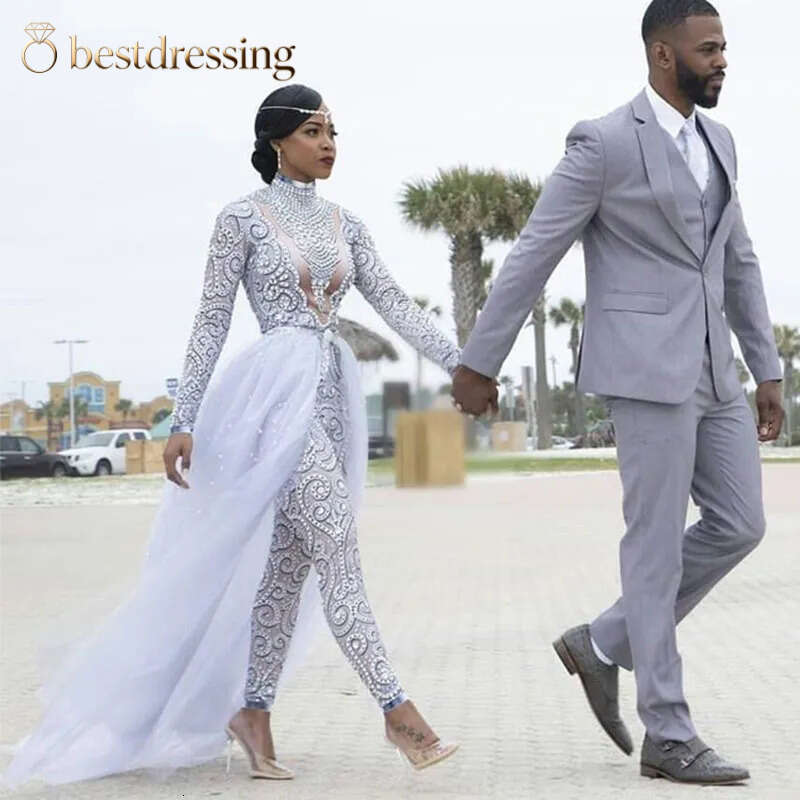 2026 Dress Gorgeous Jumpsuits With Detachable Train High Neck Beads Crystal Long Sleeves Modest Wedding Dresses African Bd612