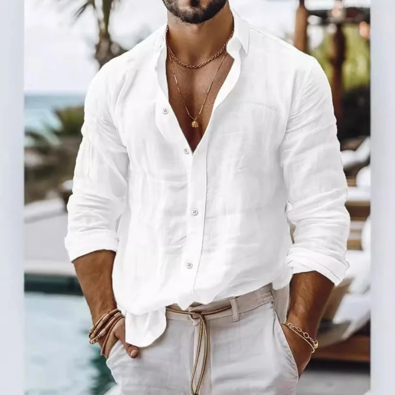 Mens Spring And Summer Cotton Linen Shirts Solid Color Long Sleeve Shirt Loose Lapel Casual Beach Style 260609