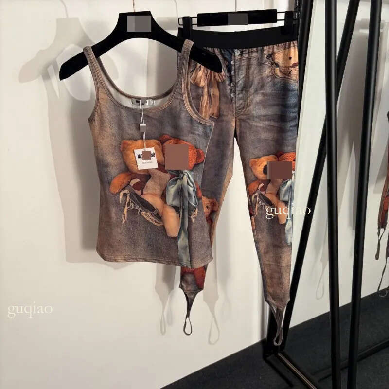 Designer Clothes Women 2 Piece Set 3D Teddy Print 2 Piece Set Cami Top Stirrup Leggings High Quality Summer Clothes Women Designer
