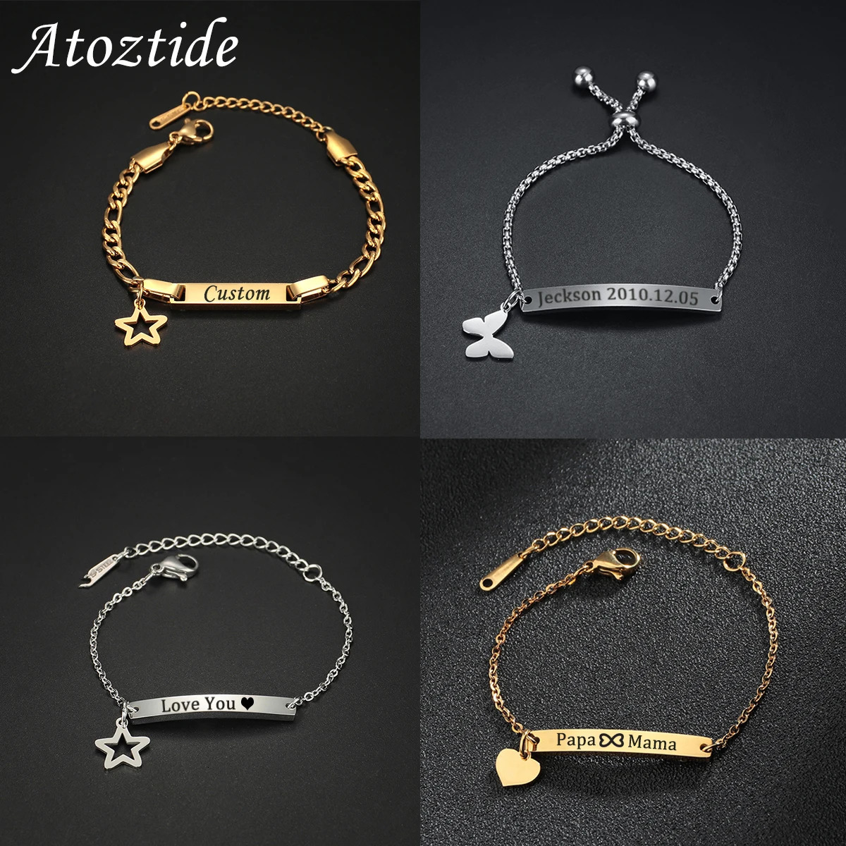Atoztide Personalized Laser Engrave Baby Name Bar Star Nameplate Bracelet Stainless Steel For Women Kids Link Chain Jewelry Gift 260608