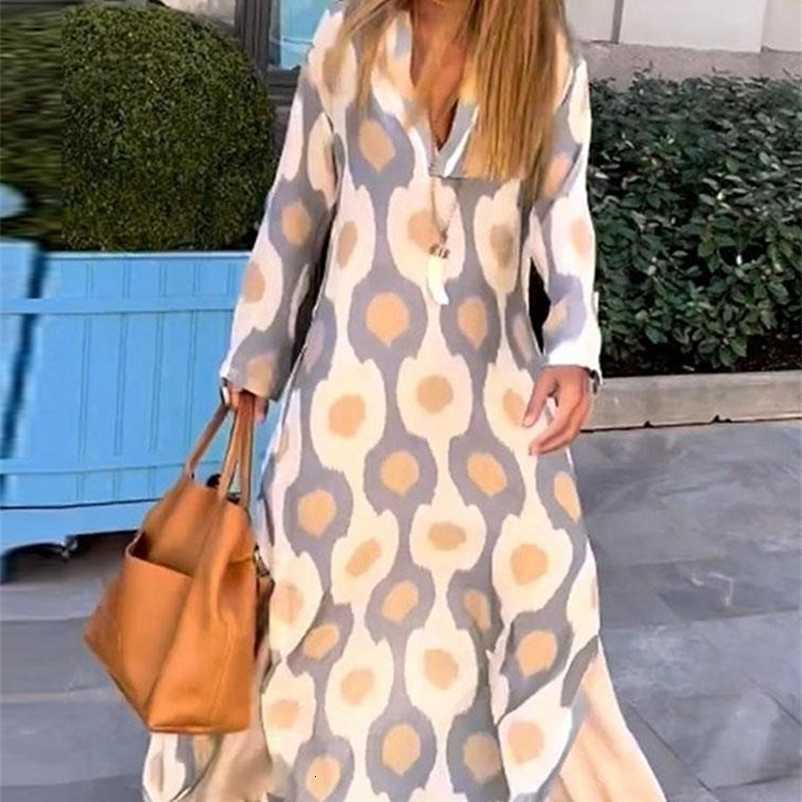 Casual Basic Dresses Women Geometric Printing Split Dresses Summer Long Slve V Neck Vestidos Boho Beach Robe S260612