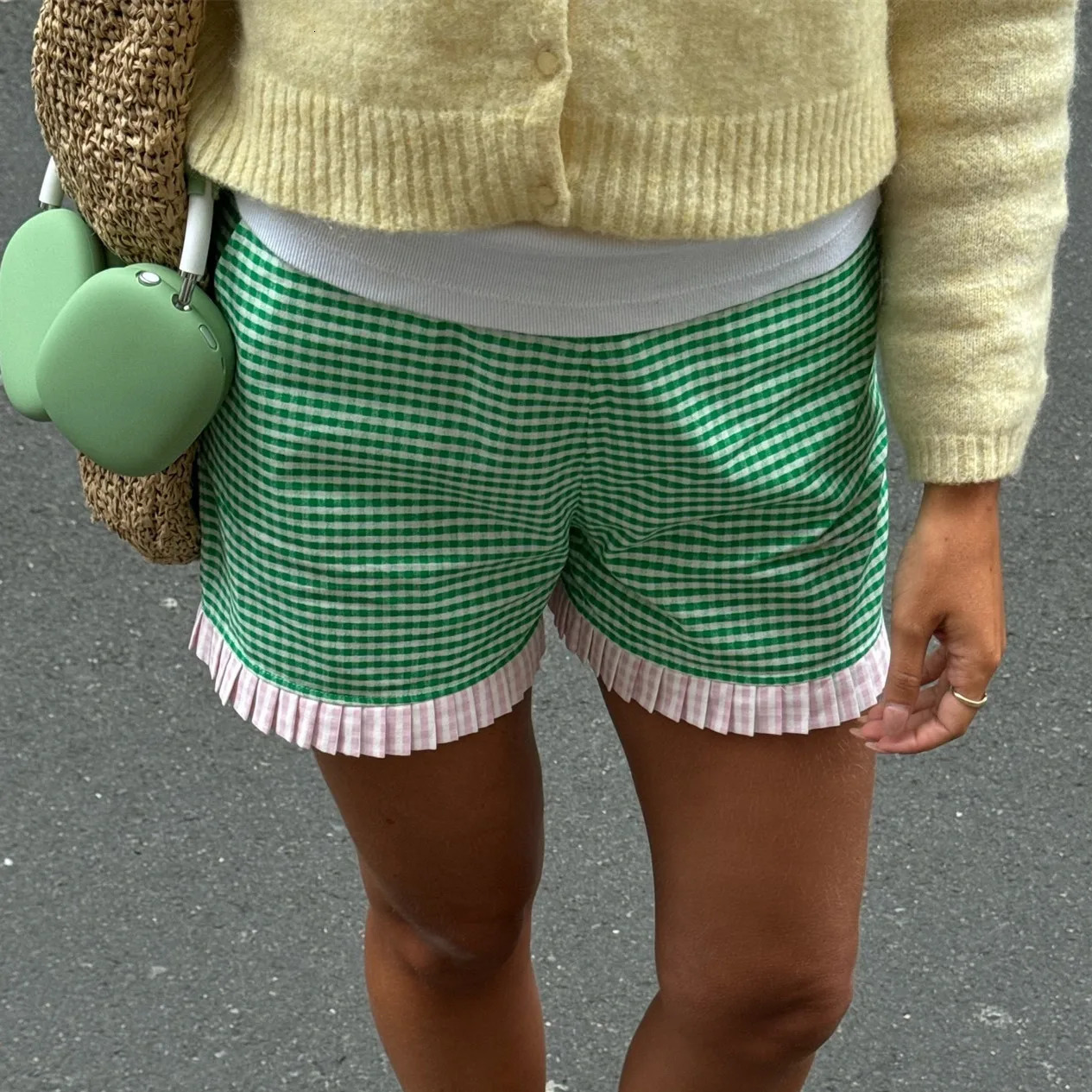 Gaono Y2K Womens Ruffle Hem Boxer Shorts Cute Elastic High Waist Plaid Print Loose Shorts Summer Going Out Trousers 260612