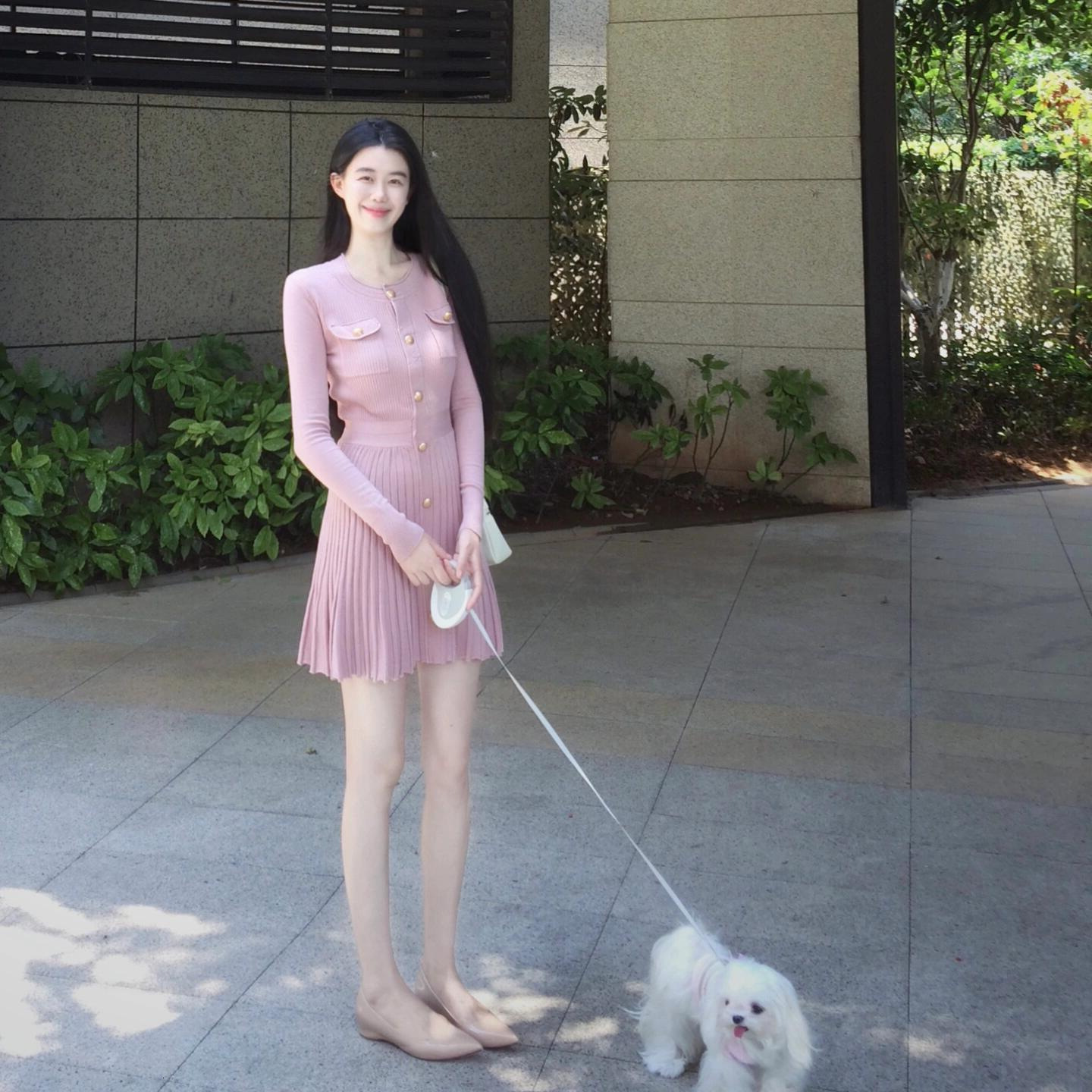 Designer Luxury Women's Design Dress French Style Knitted Dress For Early Autumn 2026 New Petite Clothing Elegant Short Skirt Cute Fashion Bran