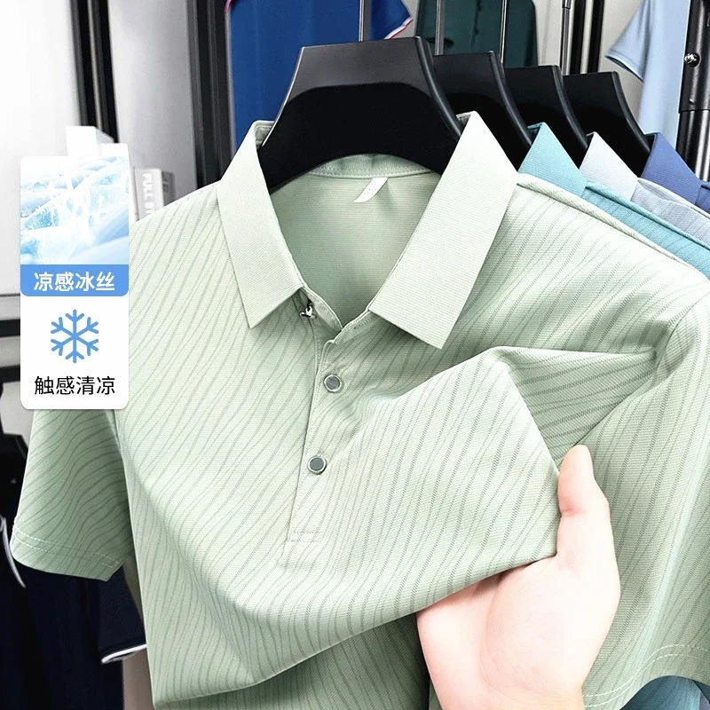 Mens Fashion Ice Silk Polo Shirt Cool Touch Fabric With Diagonal Line Print Short Sleeve For Business 260609
