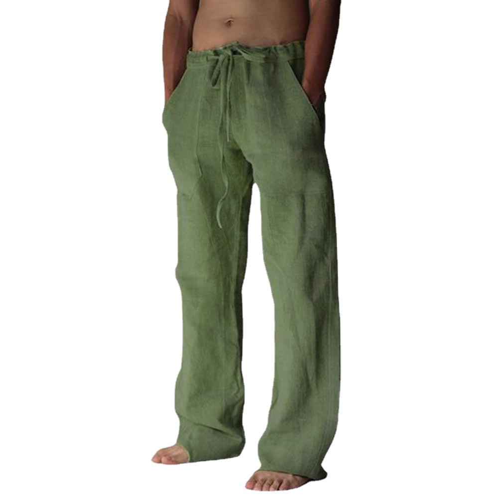 Linen Men's Casual Pants Thin Pure Color Straight Leg Summer Fashion Urban Style Mid Waist No Belt Tie Closure