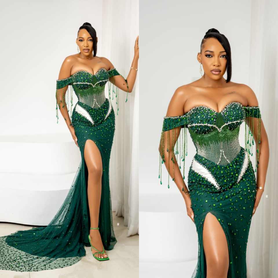 Arabic Black Women Mermaid Prom Dresses Sparkly Beads Off Shoulder Evening Gowns Rhinestone Birthday Party Customized Dress