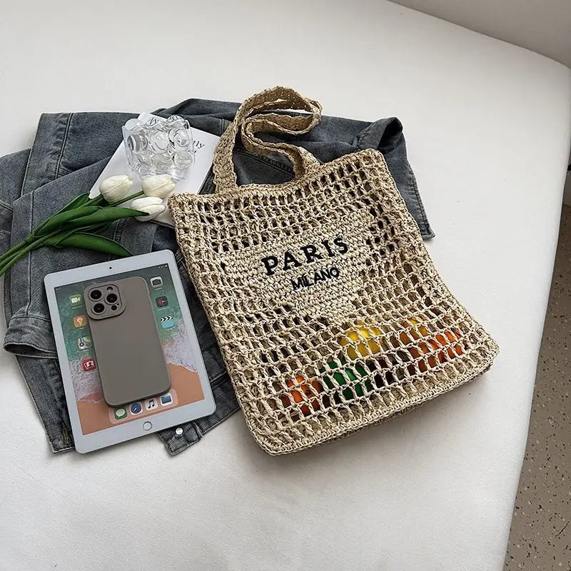 Women Straw Shoulder Bag Summer Large Capacity Woven Tote Handbag Fashion Hollow Beachbag For Holiday Casual Letter n Purse 260610