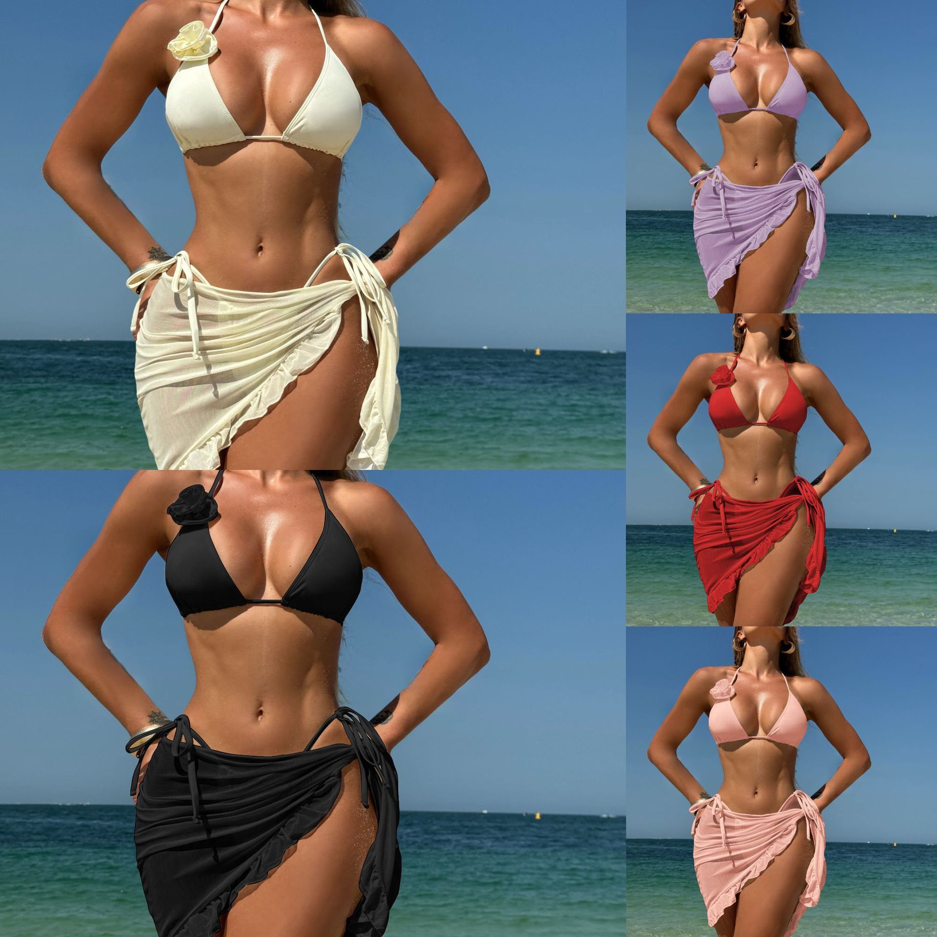 Free shipping 2026 New Style Solid Color Sexy Rose Flower Three-Piece Mesh Skirt Swimsuit Bikini