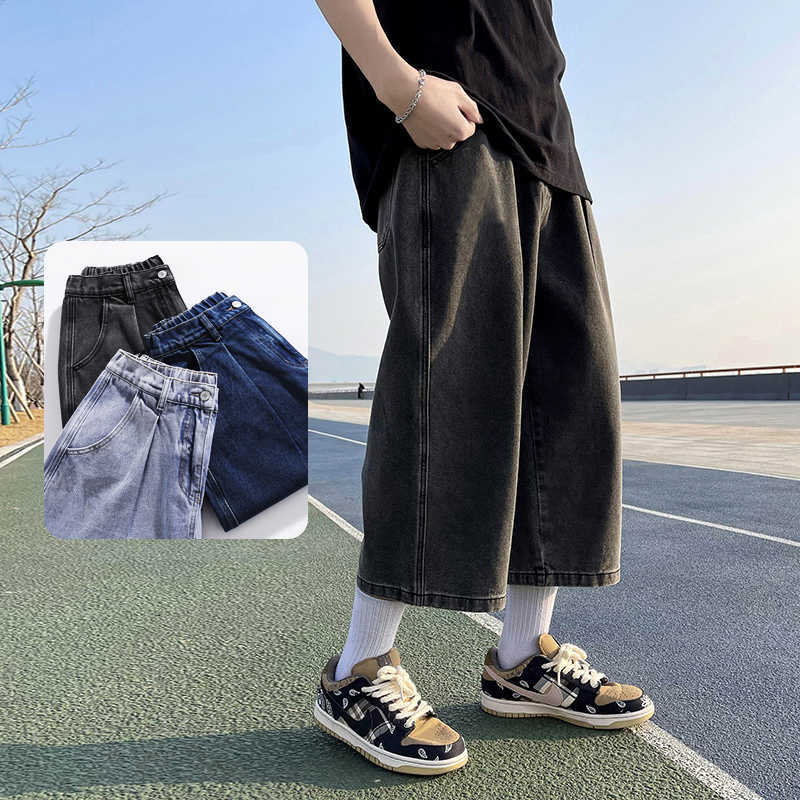 New Summer Mens Cropped Jeans Loose Straight Leg Casual Versatile Blue Grey Black Denim Pants Male INS Y2K Q260612