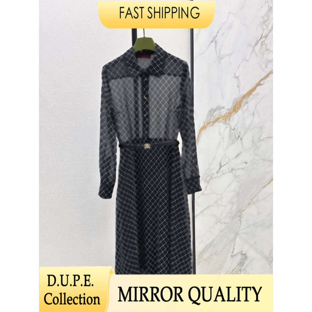 Designer Black GG Print Long Sleeve Sheer Shirt Dress Luxury Belted A Line Midi Skirt For Women Autumn Elegant Outfit Vestido Robe Dautomne Tenue-image-1110363536
