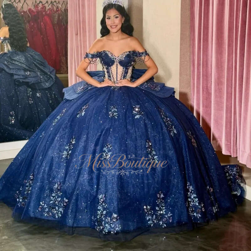 Blu navy lucido Abiti Quinceanera Abito da ballo con spalle scoperte Applique Perline in pizzo Fiocco Festa Compleanno Dolce 16 Abito Abiti 15 Anos
