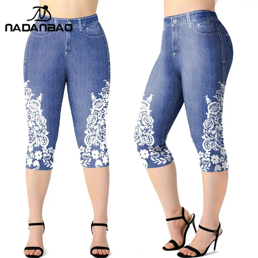 Nadanbao Womens Leggings Artificial Denim 3D Printed Tight Tight Pants Casual High Waisted Elastic Tight s 260605